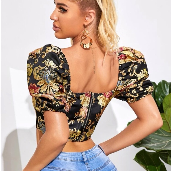 Puff sleeve top floral gold black jacquard runway fashion womens - Picture 2 of 5